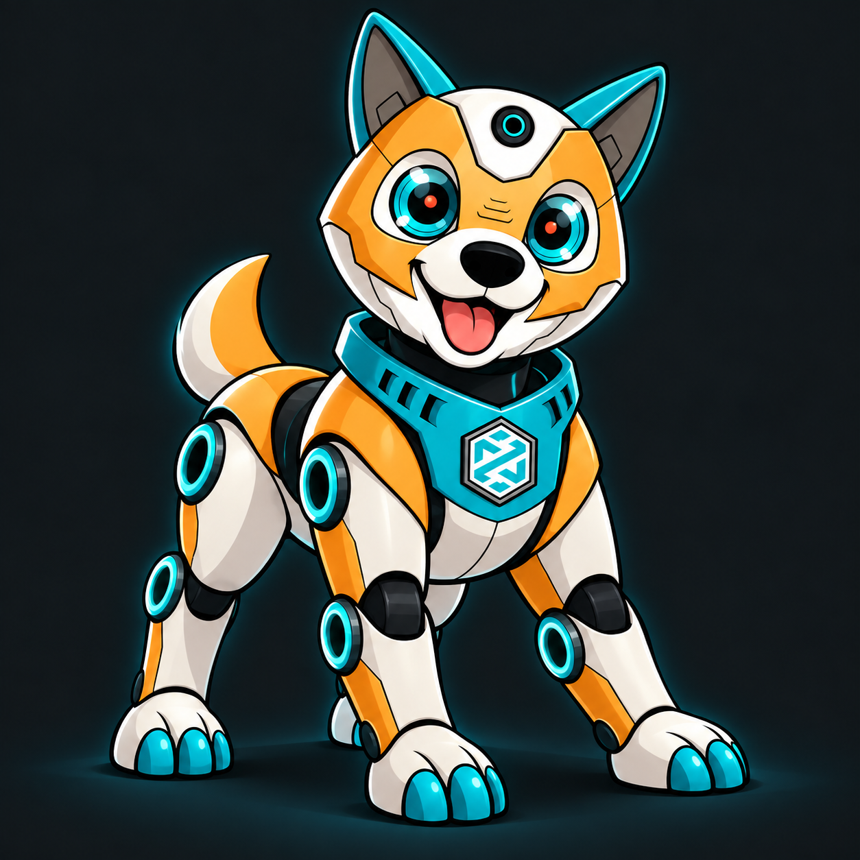 DextDoge, an orange robot dog with bright teal eyes and paws